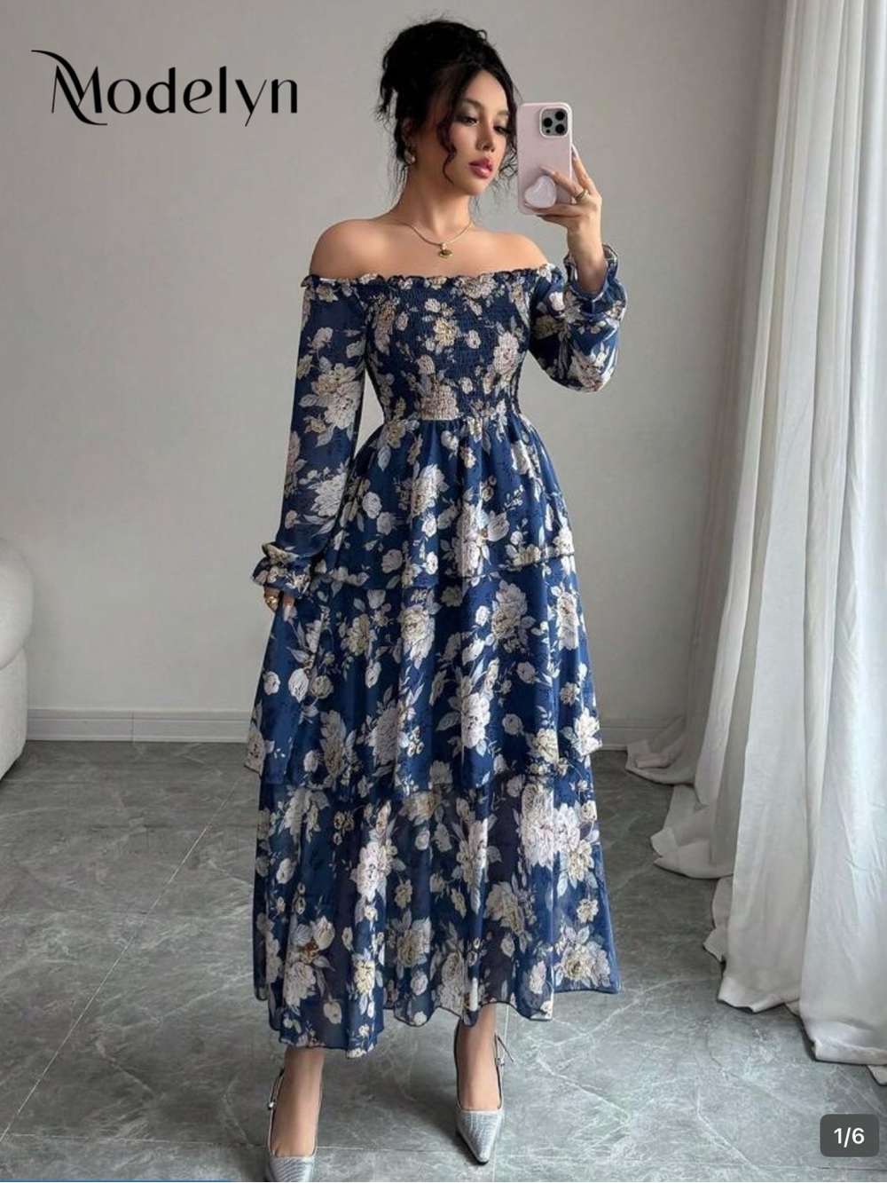 Blue Floral Off-Shoulder Maxi Dress